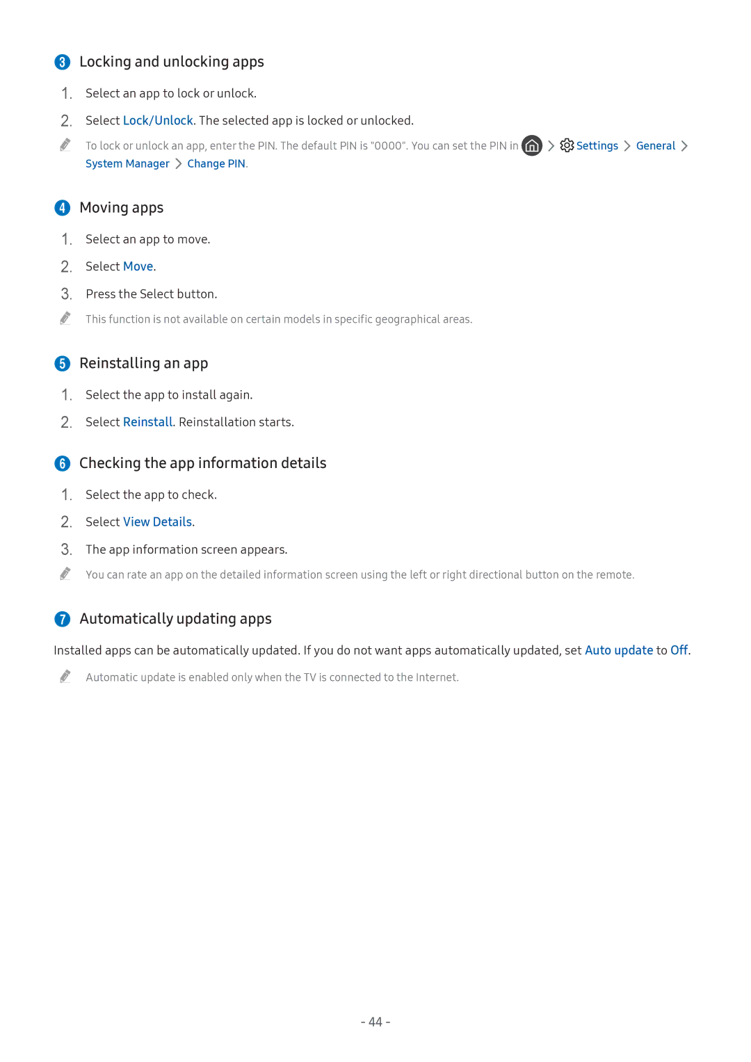 Samsung LT27H390SIXXRU manual  Locking and unlocking apps,  Moving apps,  Reinstalling an app,  Automatically updating apps 